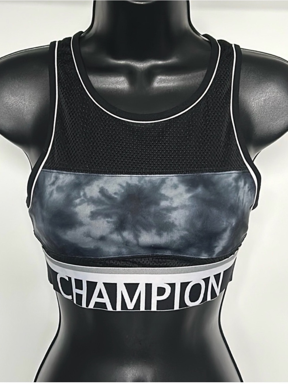 CHAMPION Longline Sports Bra Tie Dye Black White Logo Band Size Small